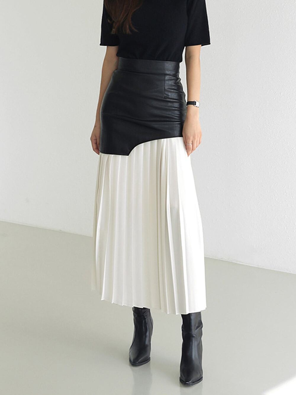 Commense Asymmetric Patchwork Faux Leather Chiffon Pleated Maxi Skirt Medium